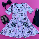 Load image into Gallery viewer, #Black &amp; White Stripe Pink Kitty Dress Just For Littles™ 

