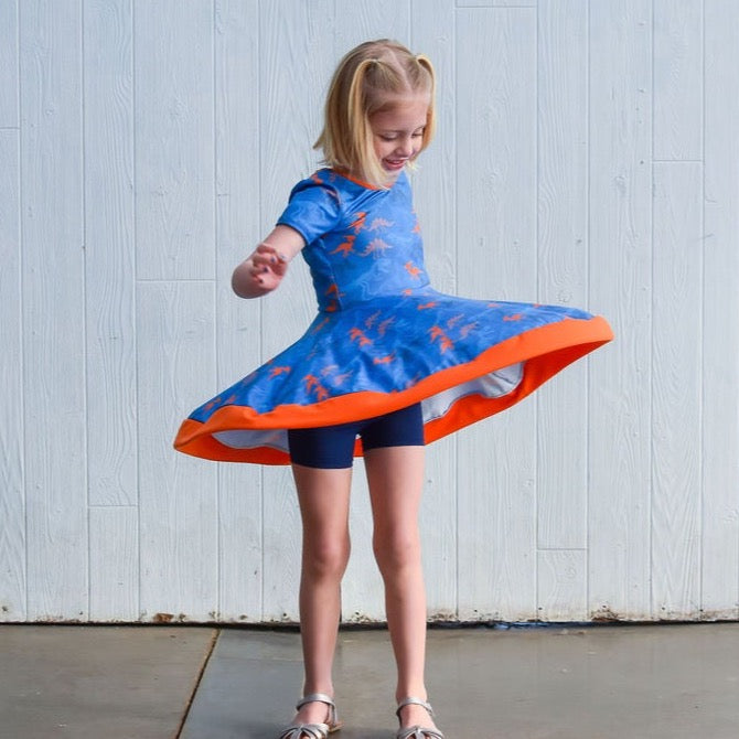 #Blue & Orange Dino Twirl Dress Dress Just For Littles™ 