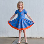 Load image into Gallery viewer, #Blue &amp; Orange Dino Twirl Dress Dress Just For Littles™ 
