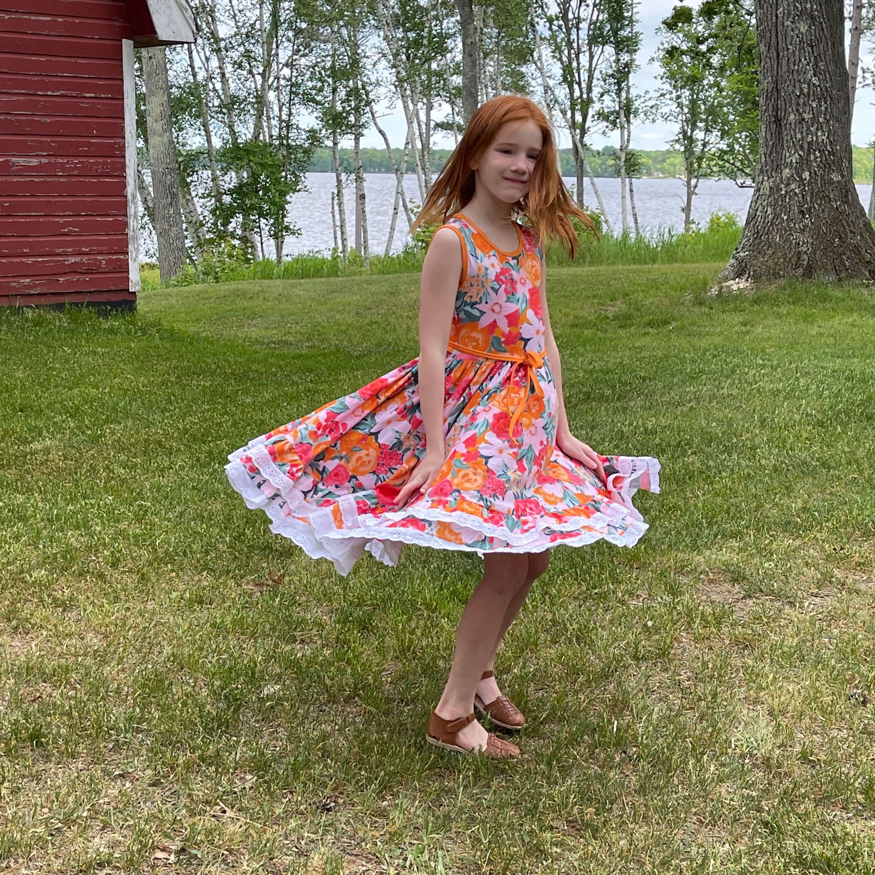 #Summer Orange Floral Twirl Dress Dress Just For Littles™ 